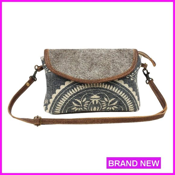 Handbags - Canvas Crossbody Bag with Leather Strap Floral Mosaic Boho Chic Handcrafted